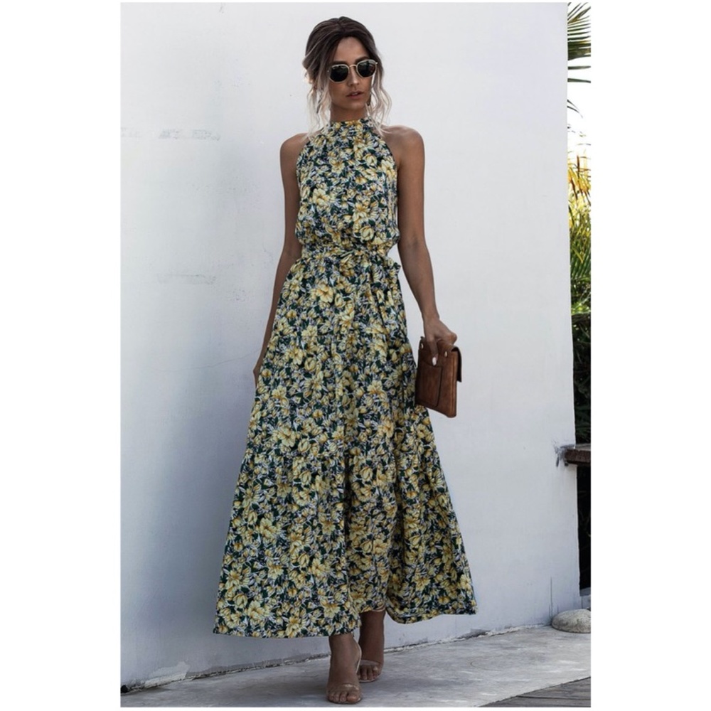 bohemian Gypsy Floral Print Maxi Halter Dress